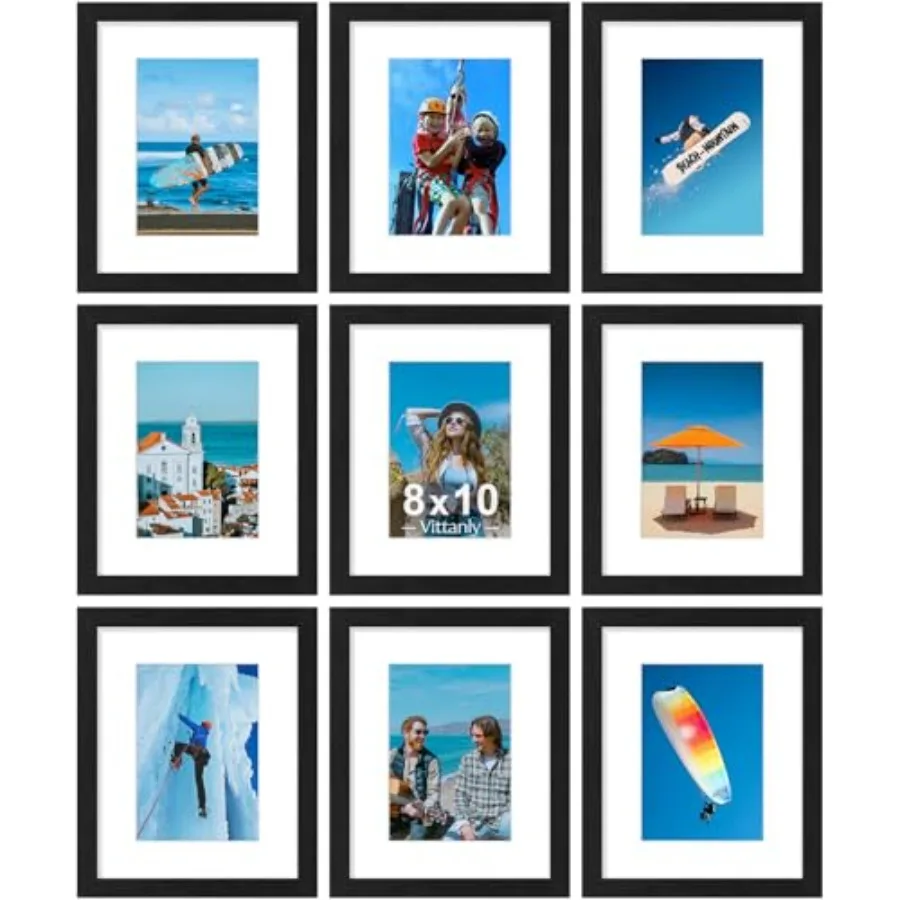 

Picture Frames Set of 9, Shatter Resistant Plexiglass, Display Pictures with Mat or without Mat, Photo Frames for Wall or Table