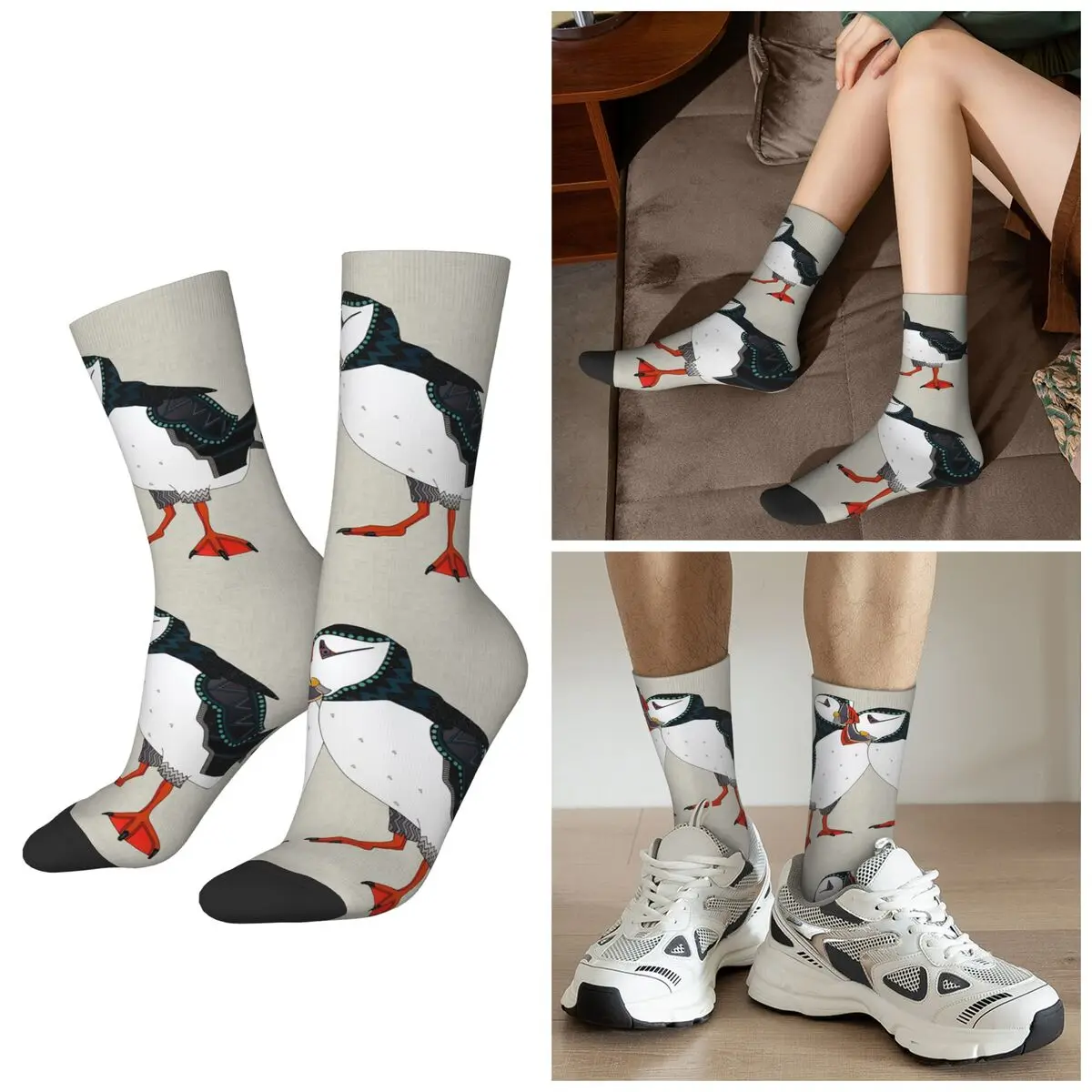 

All Seasons Puffin Pair Warm Grey Socks Harajuku Crew Socks High Quality Stockings for Men Women Christmas Gifts