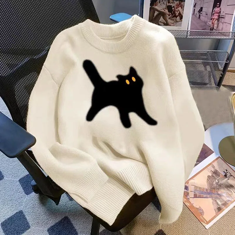 Cute Cat Sweater Women\'s Pullovers Korean Soft Knitwear Jumper Female Tops Long Sleeve O Neck Women Sweater Autumn knit tops