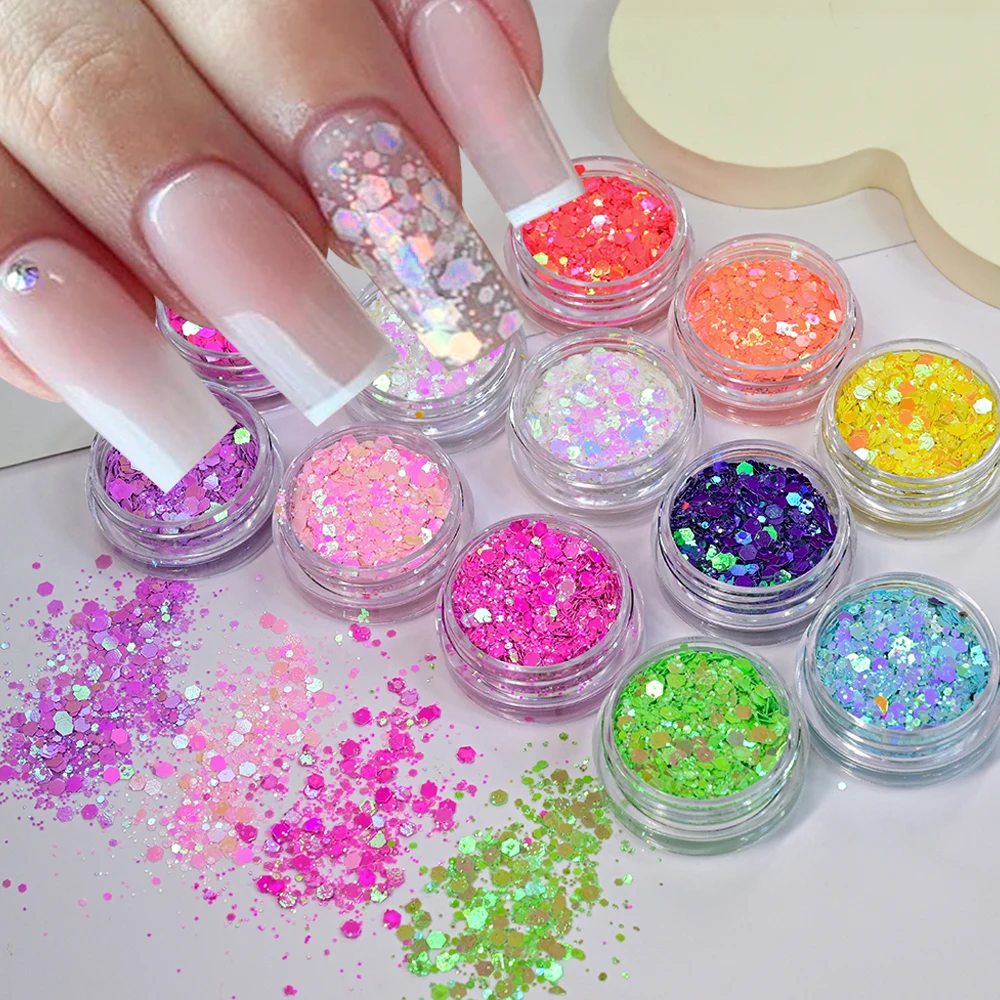 12 pçs iridescente arte do prego glitter lantejoulas mistura holográfica hexágono flocos grossos diygel polonês artesanato manicure decorações em pó