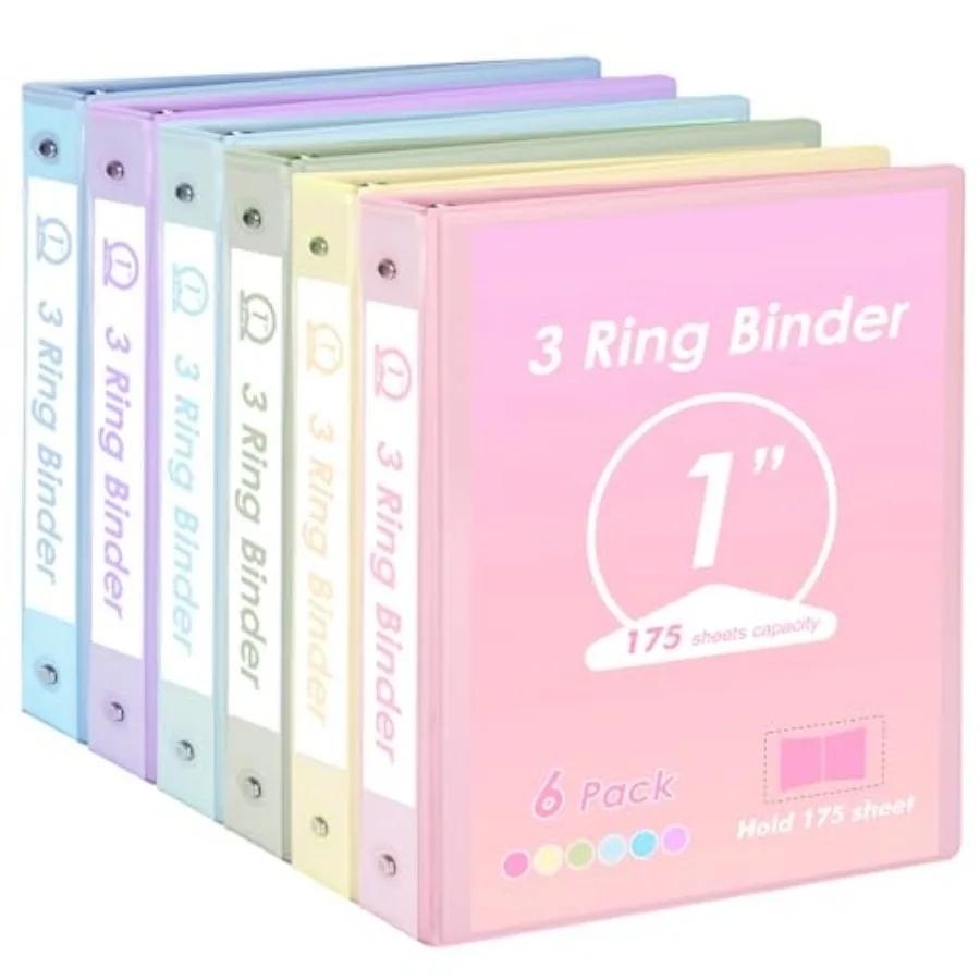 

6 Pack 3 Ring Binders 1 inch, Three Round Ring 1'' Binders with 2 Pockets Interior, 6 Assorted Pastel Color, Fits 8.5'' x 11''