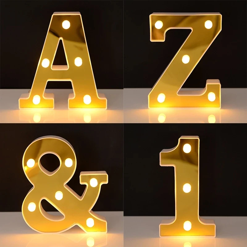 6.29inch Plastic Fairy Lights Led Letter Ornament Gold Alphabet Number with Light for Home Wedding Birthday Christmas Decoration