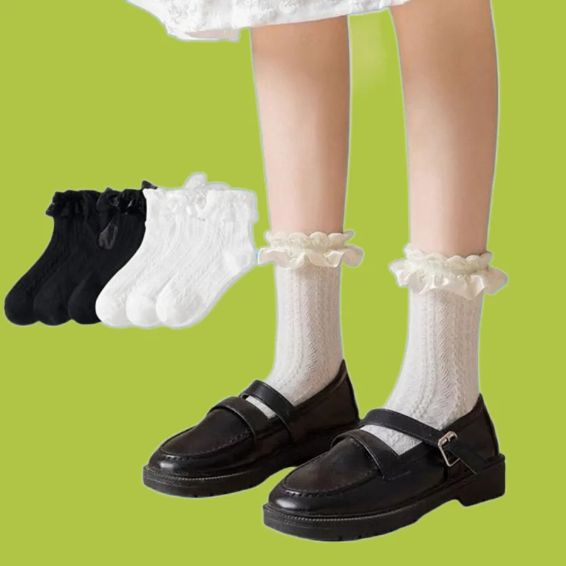 

6 Pairs New Woman Socks Solid Black White Lolita Lacework Ruffle Socks Summer Thin Kawaii Sweet Girls Cute Short Socks Women