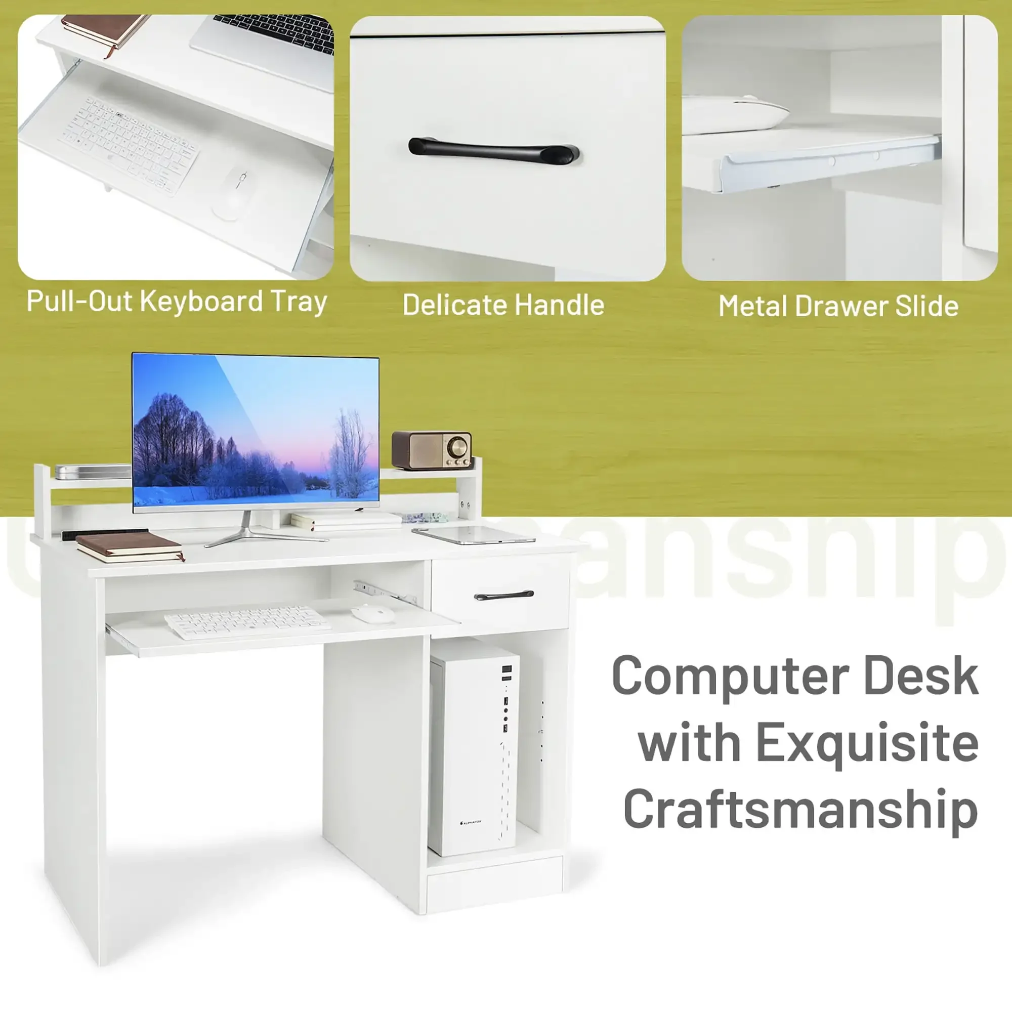 Mesa para computadora de 22 pulgadas de ancho, mesa para computadora portátil con cajón y bandeja para teclado, color blanco