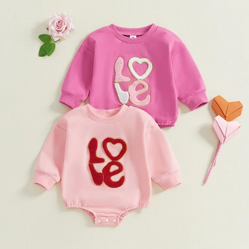 

Tregren Newborn Baby Girls Sweatshirts Rompers Valentine's Day Clothes Letter Embroidered Long Sleeve Spring Clothing Jumpsuits