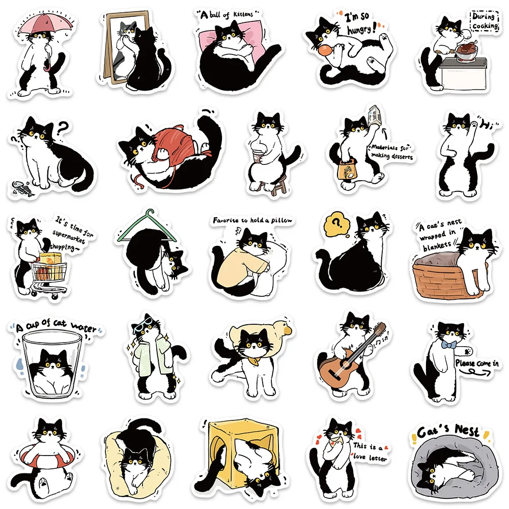 50pcs Funny Cute Cartoon Animal Pet Tuxedo Cat Stickers Water Bottle Stickers Luggage Laptop Guitar Skateboard Vinyl Decals