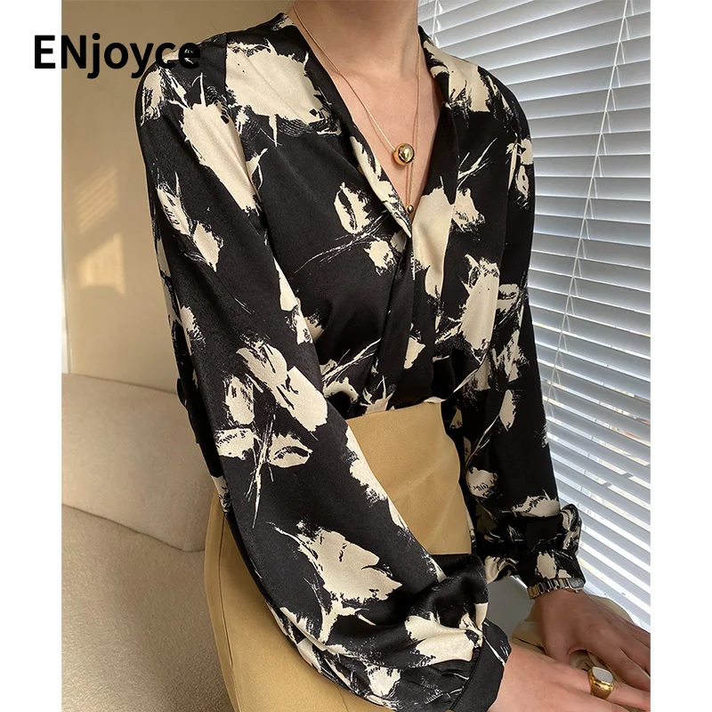 

ENjoyce Women Vintage Ink Printed Satin Shirts Korean Fashion Workwear Long Sleeve Top Pullovers Blouse Spring Summer