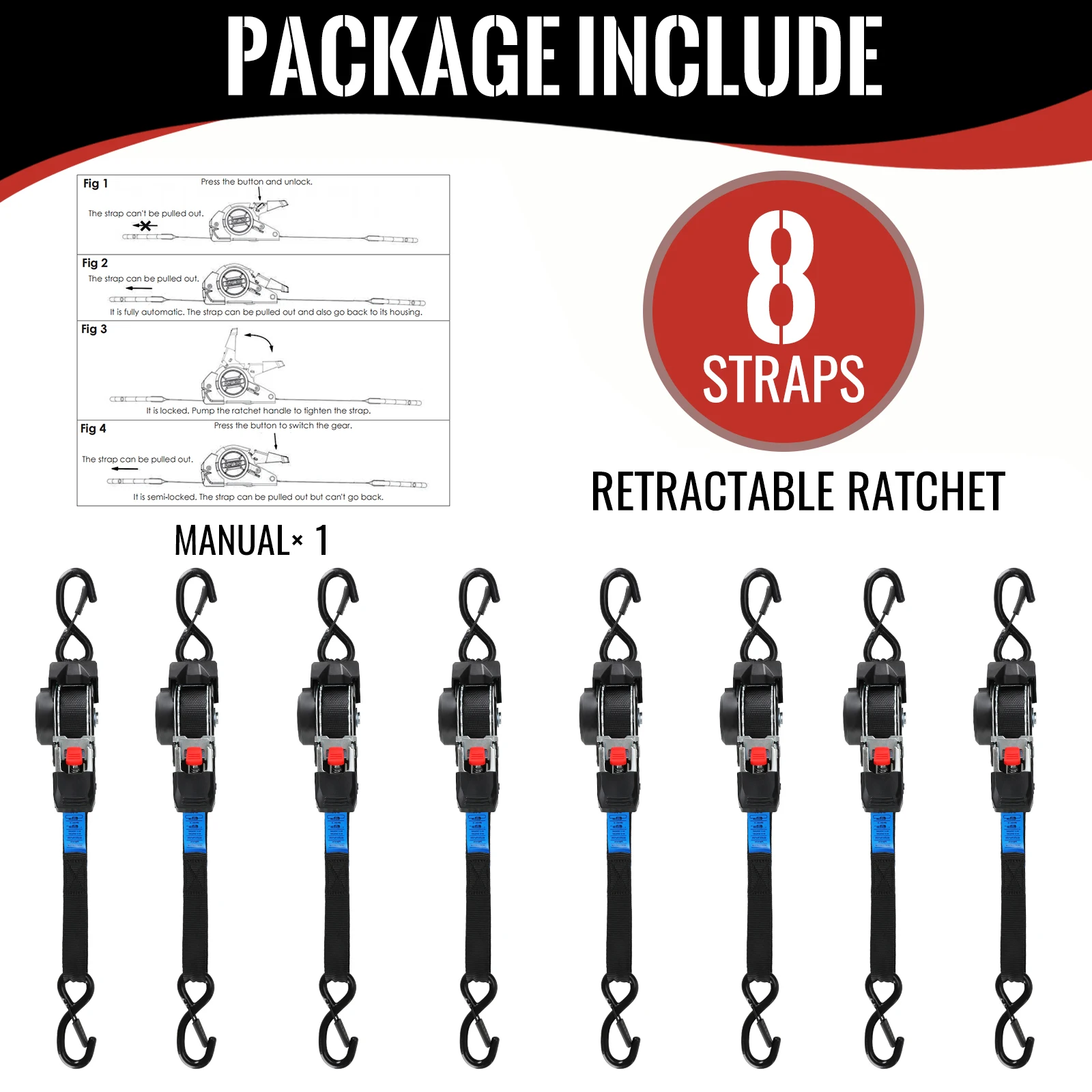 2/4/8-pack automatisch intrekbare ratelriembundels 1 "x 10' (25 mm x 3 m), elk breeksterkte, zware vastzetriemen