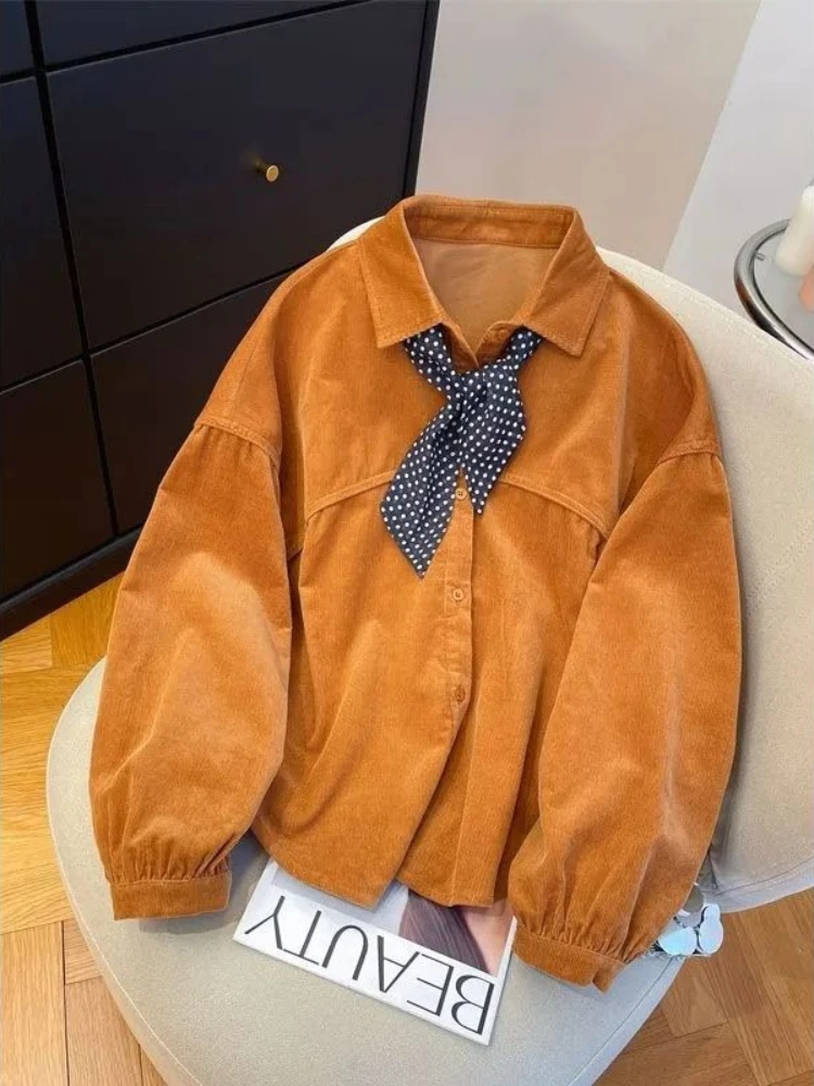 Women's 2026 Autumn Winter Vintage Orange Corduroy Scarf Blouse Loose Thick Warm Elegant Chic Coquette Trendy Top