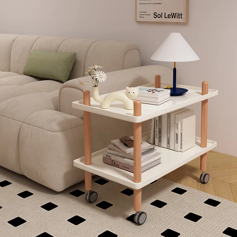 

Multi-functional Mobile Sofa Side Table with Storage Shelf and Wheels