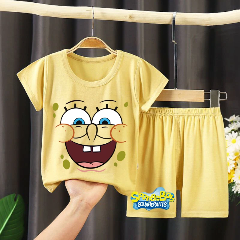 New Spongebob Pajamas for Children Kawaii Cartoon Printed Short Sleeve Sleepwear Kids Casual Loungewear Children\'s Clothing