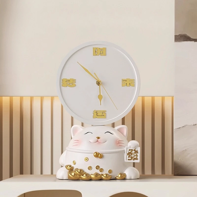 

Lucky Cat Living Room Decoration Desk Clock Advanced Rotate Mute Clock Watch Nightstand Alarm Clock Restaurant Desktop Gadgets