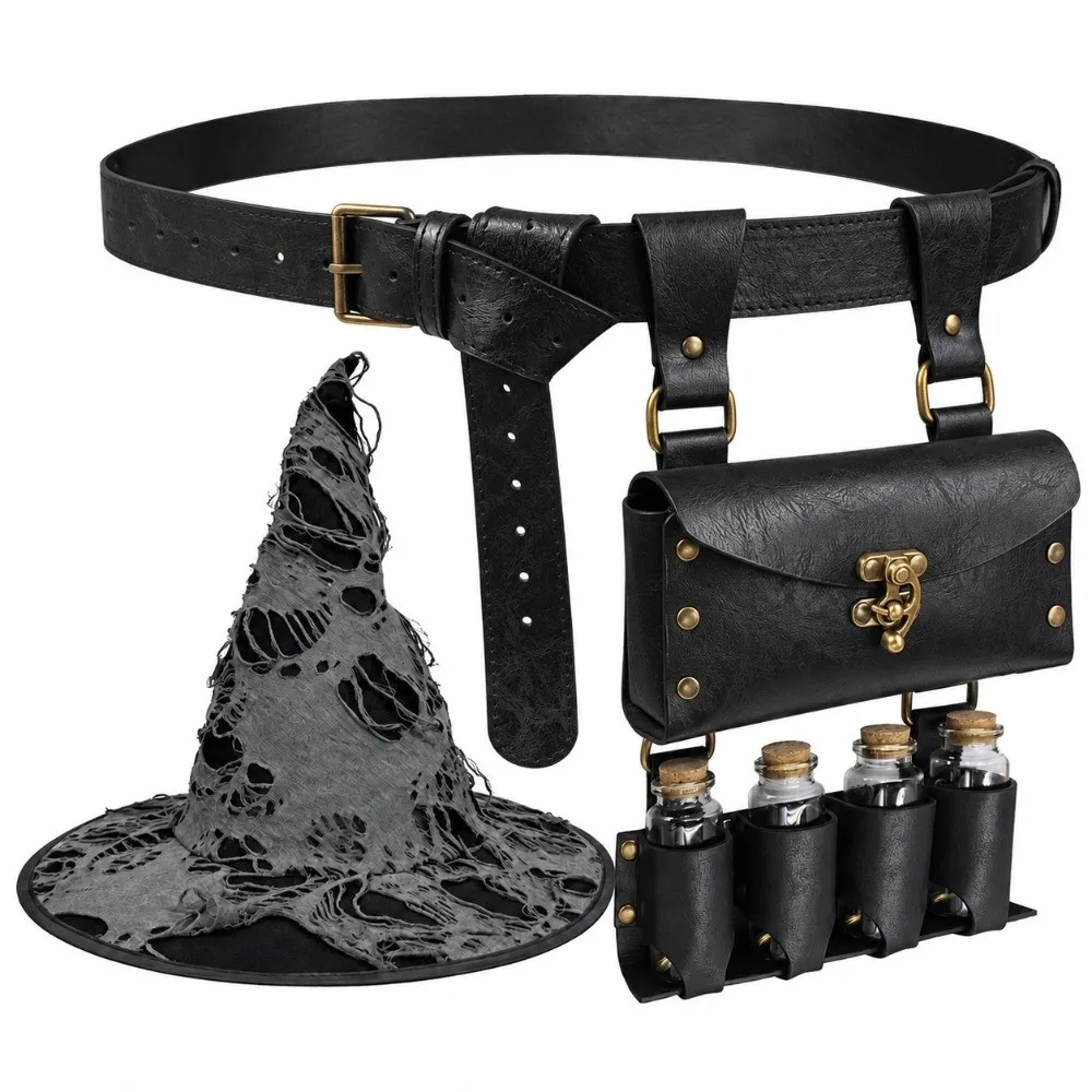 2/3/4-teiliges geprägtes mittelalterliches Zauberer-Cosplay-Set, Vintage-Fantasy-Mittelalter-Lederanhänger, Ritter mit Trankflaschen – Detail 7