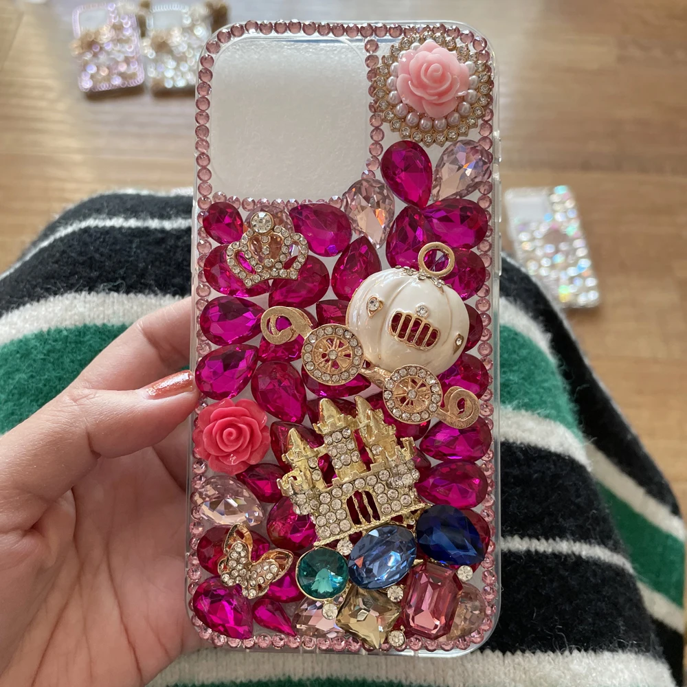 

Rose Pink Phone Case For iPhone 16 15 13 12 14 Pro Max SE 2020 8 7 Plus XR X XS Max Bling Glitter Cover Pumpkin castle Design