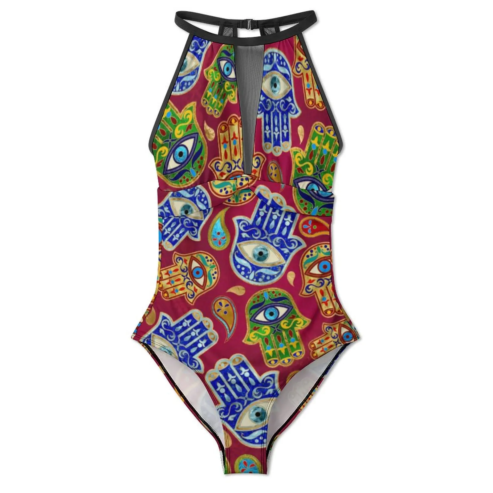 Colorful Hamsa Hand Swimsuit Hand of Fatima One-Piece Swimwear Push Up Stylish Bathing Suit Sexy Vacation Bath Graphic Bodysuit