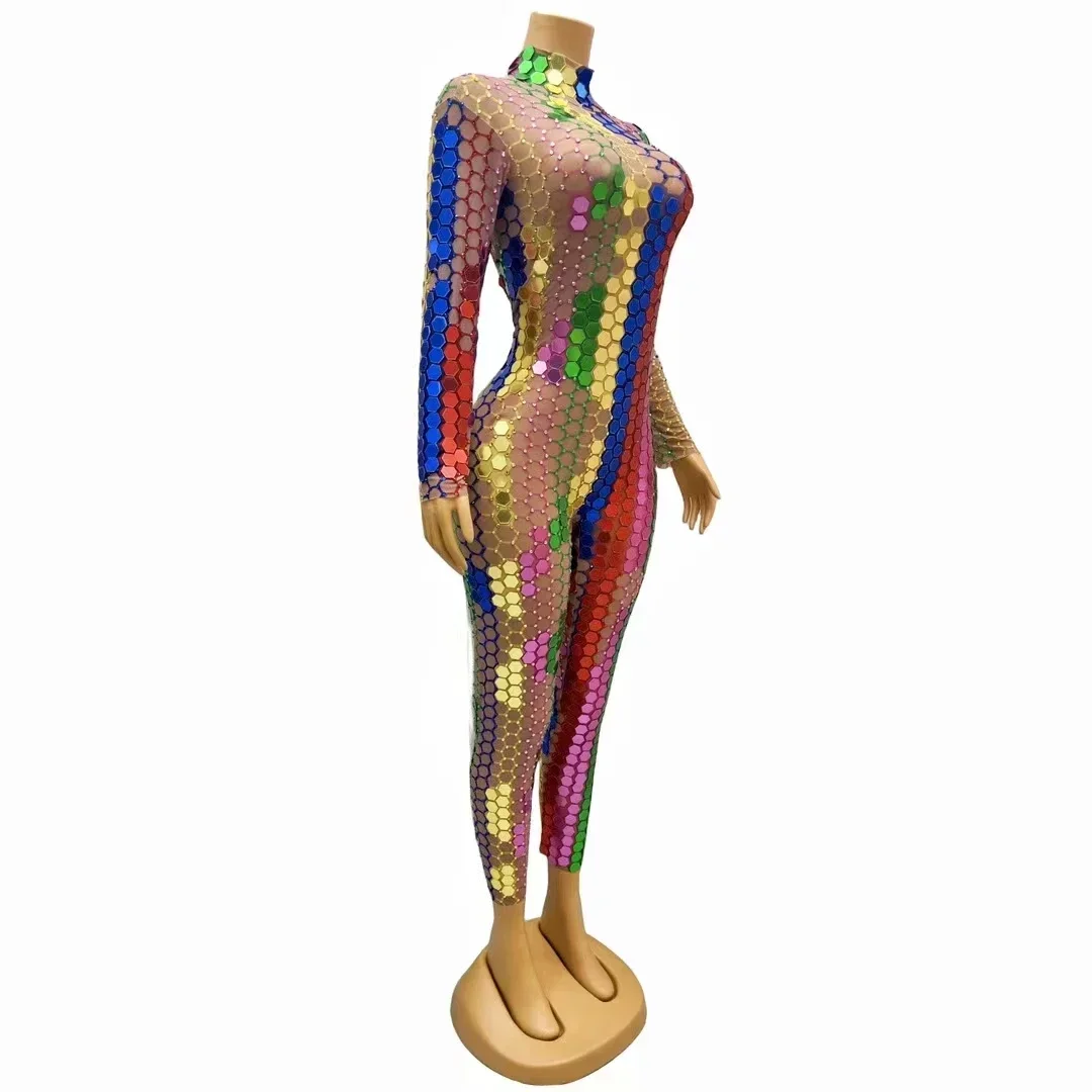 Сексуальный блестящий цельный комбинезон с яркими блестками, боди для танцевальной сцены, вечернего, дня рождения, клуба, празднования блестящих леггинсов