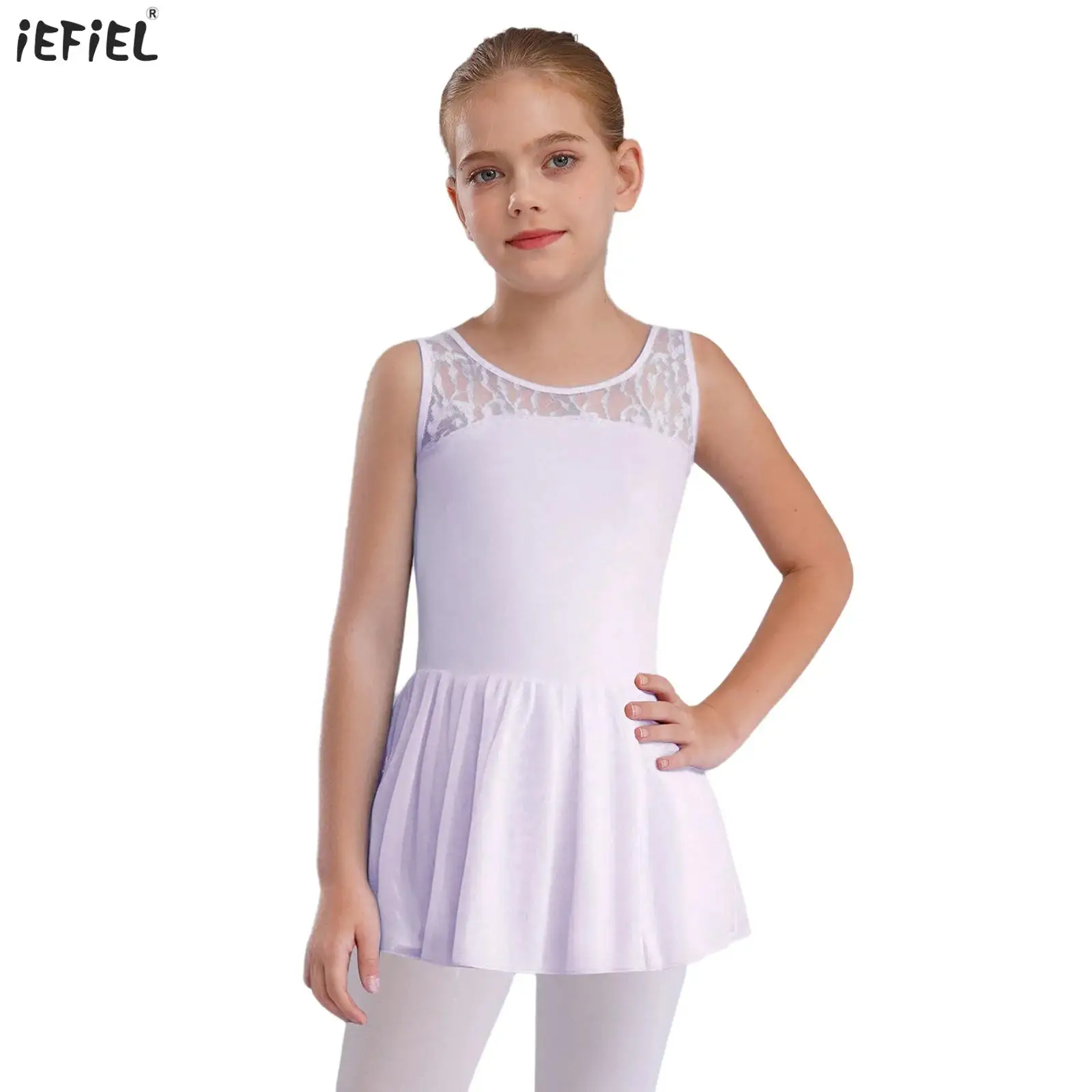 

Kids Girls Ballet Dress Sleeveless V-Back Floral Lace Patchwork Dance Leotards Dress Ballroom Dance Practice Performance Costume