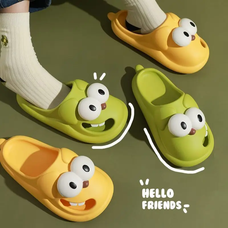 Summer Thick Sole Slippers Soft Slippers Indoor Bathroom Home Shoes Women Eva Baotou Funny Big Eyed Dog Non Slip Lovers Slippers