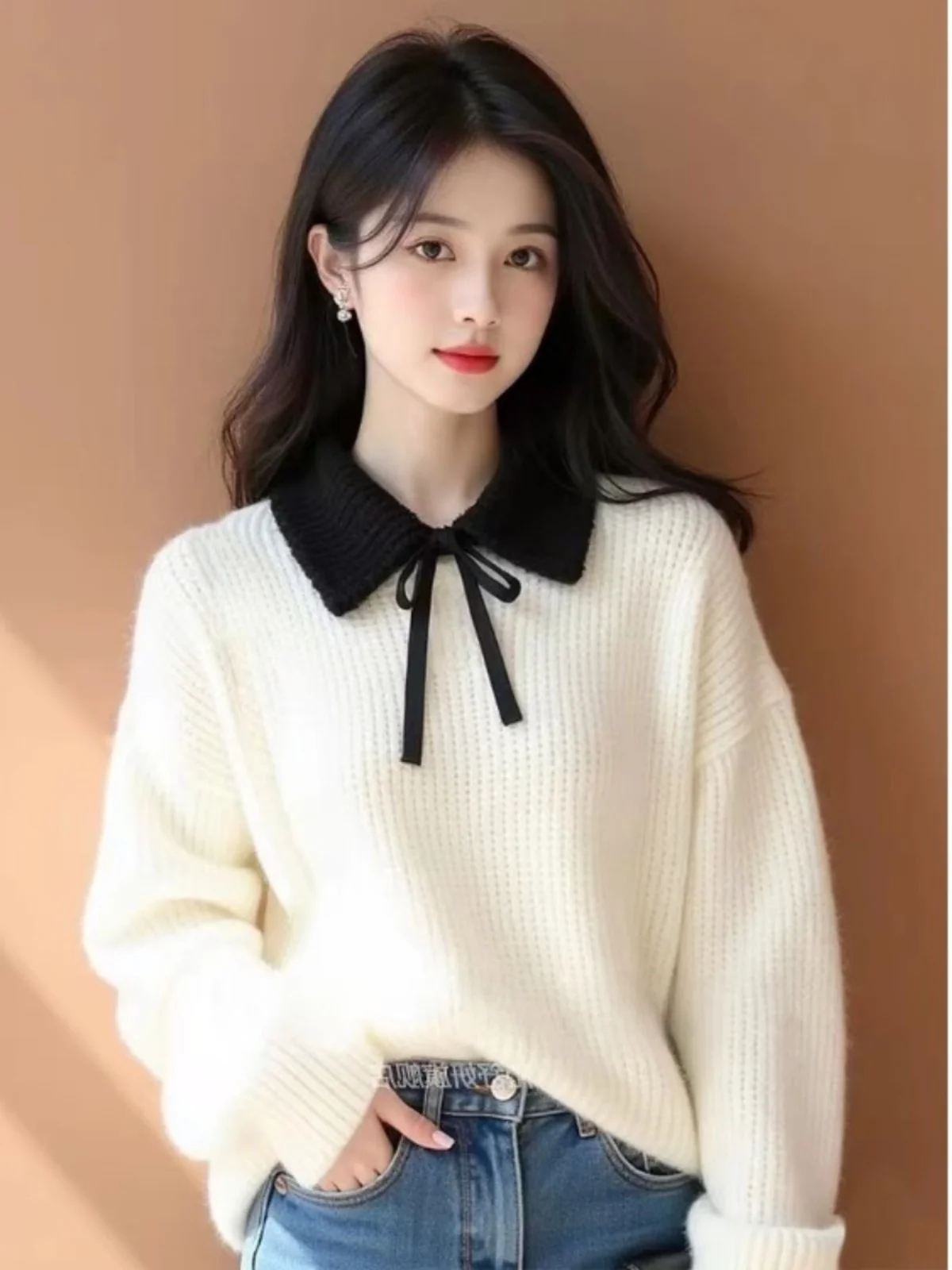 

Корейский утягивающий универсальный красивый белый свитер с воротником и узлом, женский зимний новый топ из полиэфирного волокна 00%