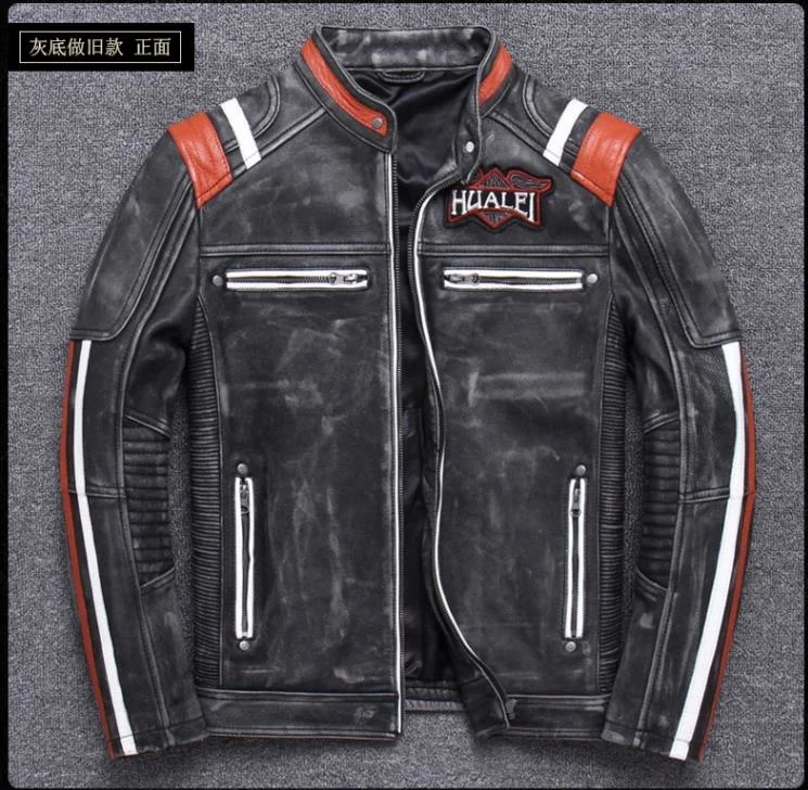 shipping,Brand new cowhide Free leather Jacket,men's genuine Leather embroidery biker jacket.cool motor biker vintage coat