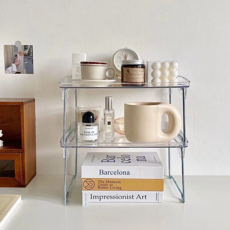 Transparent Double Desktop Shelf Acrylic Cup Holder Foldable Kitchen Bathroom