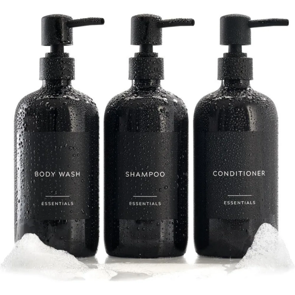 Stylish Shampoo Conditioner Dispenser Set of 3 - Modern 21oz Shower Soap Bottles Pump Labels