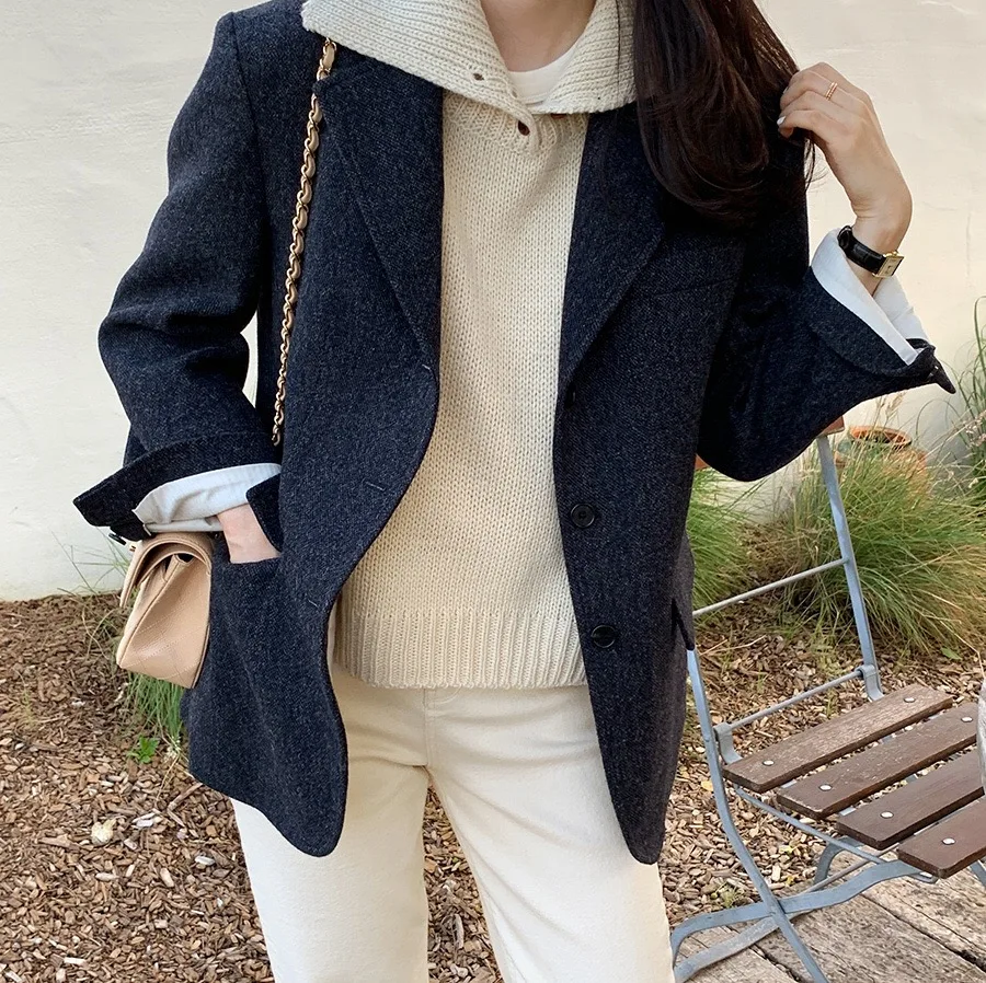 UNXX in Stock Korean Chic 2023 Winter New Elegant Sophisticated Wool Suit Jacket for Women Female Office Lady High Quality Sweet