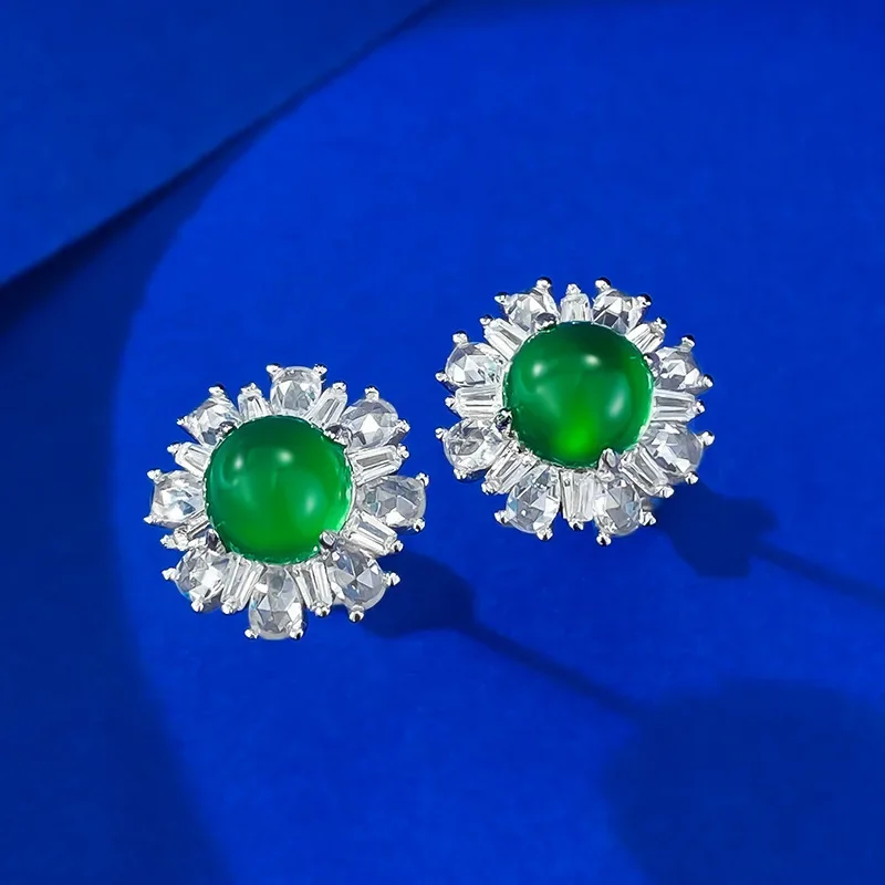New S925 Silver Inlaid 6.0 Simulated Green Jade Marrow Earrings Luxury Inlaid Fashion Classic Earrings Wedding Jewelry