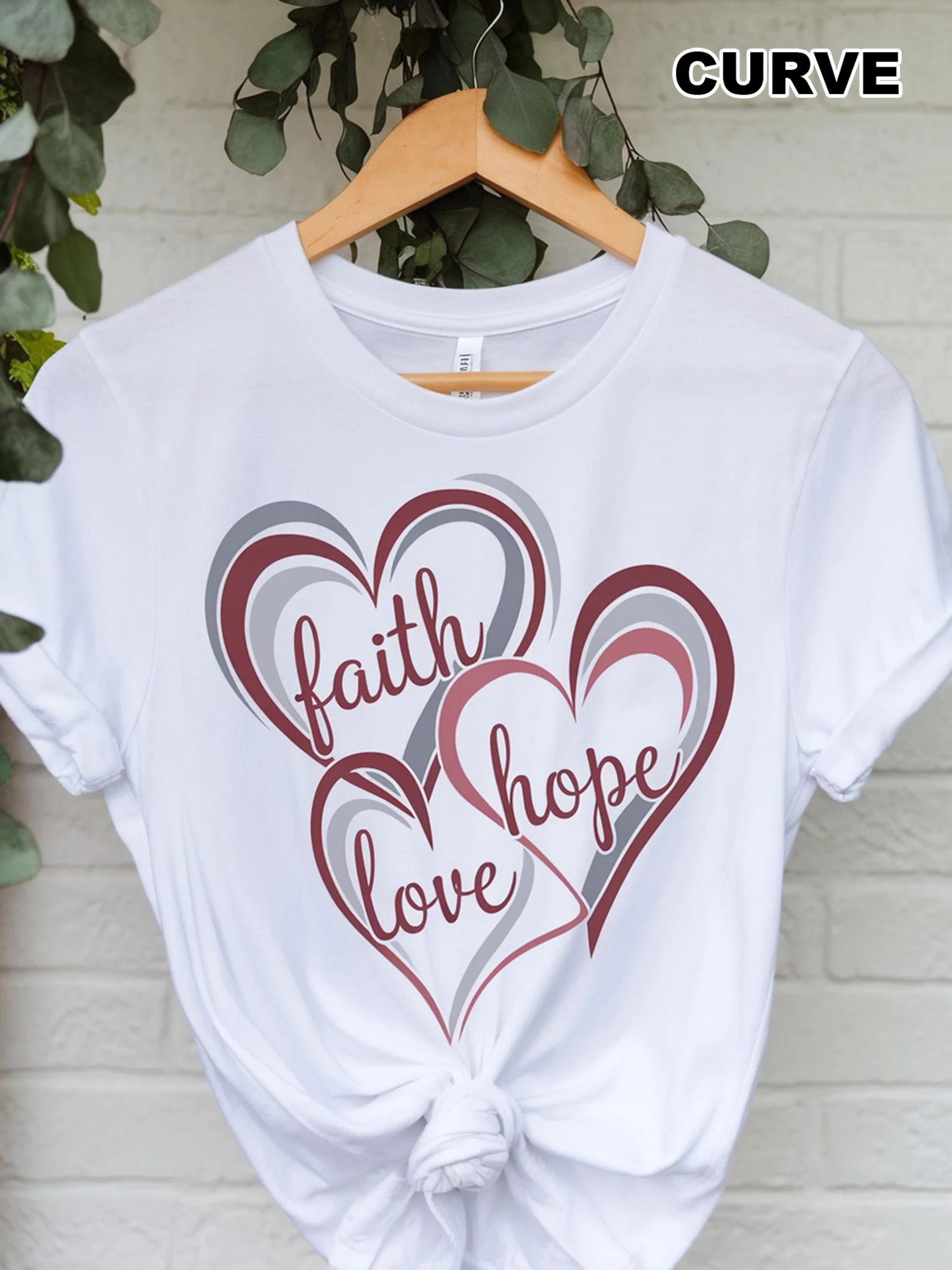 

[Soft Heart T-Shirt] Soft Women's Faith Hope Love Geometric Heart Print Crew Neck T-Shirt | Black with White Graphic