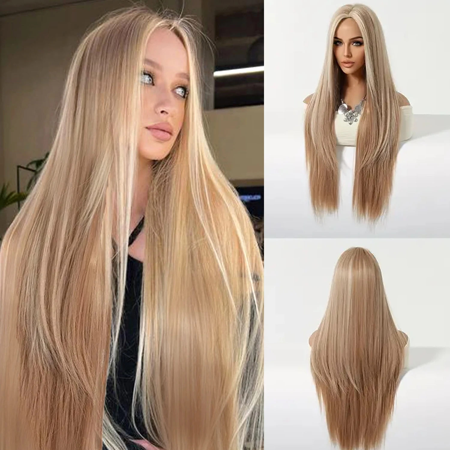 

Synthetic wig flaxen long straight middle parted wig suitable for women's daily wear
