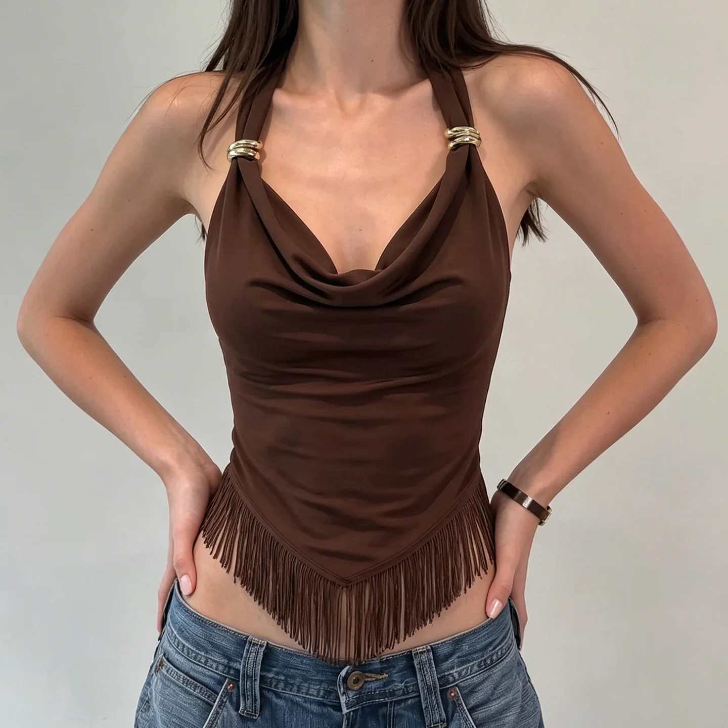Y2K European-Style Retro Fashionable Round-Neck Collar Neckpiece with Suspenders and Fringes A Stylish Sexy Hot Girl Crop Top