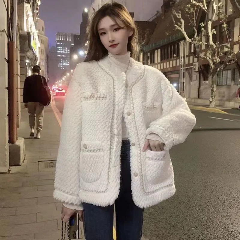 Lucyever coreano sciolto lana di agnello giacche donna autunno inverno addensato caldo peluche cappotti donna Streetwear o-collo capispalla in