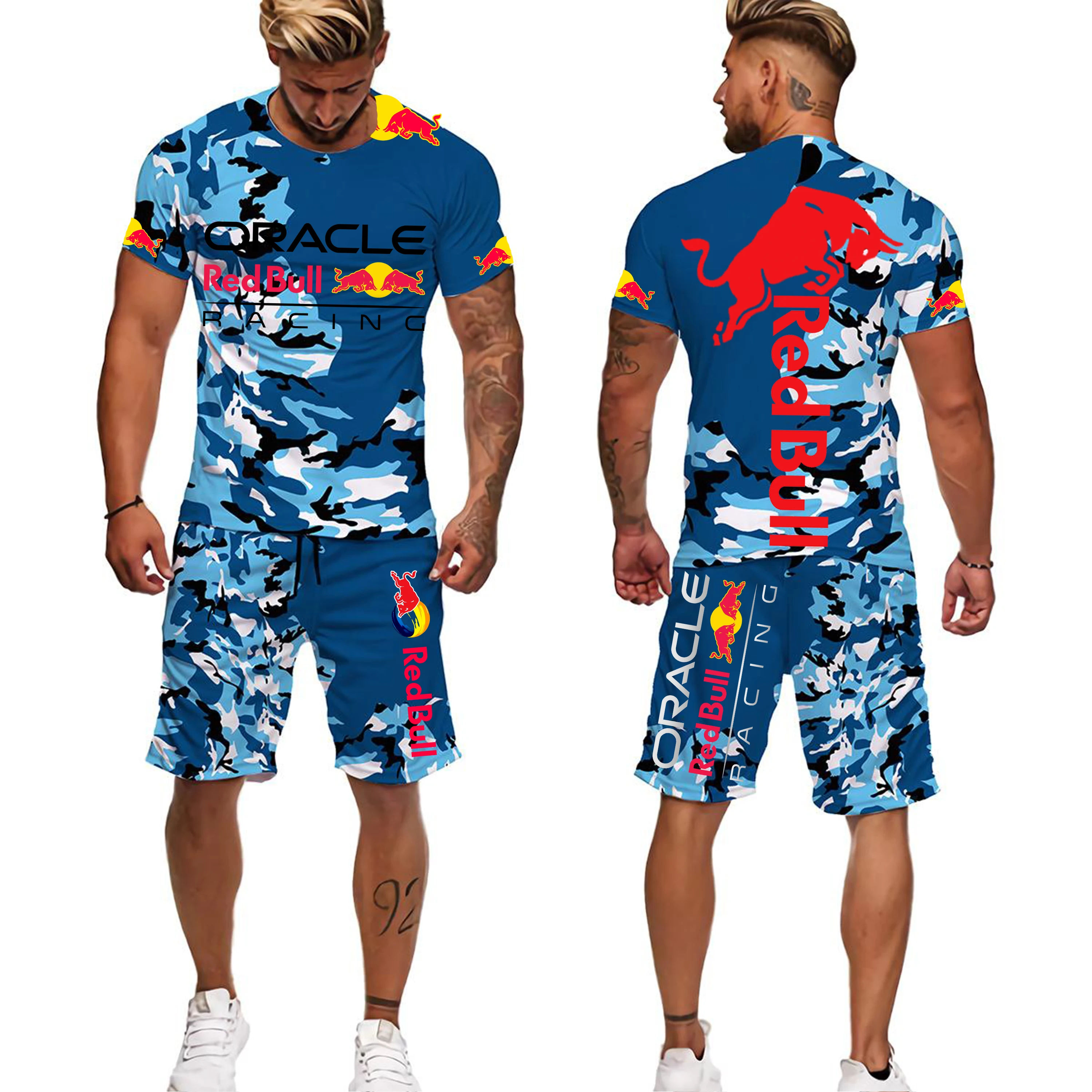 2025 Nieuwe Zomer Red Bull Racing 3D Gedrukt Heren Camouflage T-shirt Shorts Sportkleding Ronde Hals Korte Mouw Set Kinderset