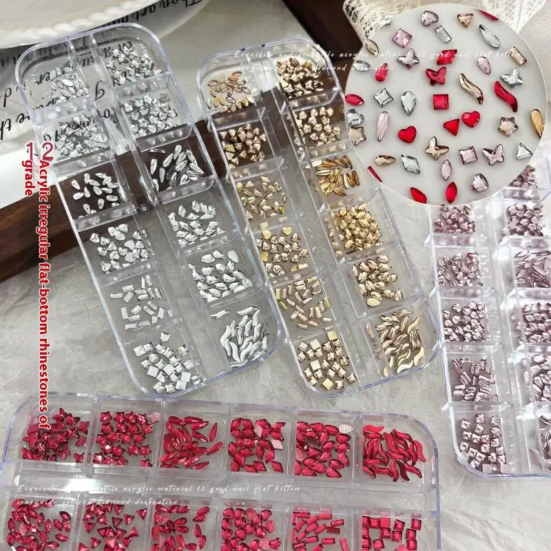 Bijoux en strass pour ongles, 12 grilles, fond plat, diamant irrégulier, décorations pour Nail Art, accessoires pour ongles, fournitures de breloques