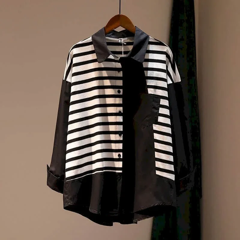 Camisas para mulheres polo-pescoço estilo coreano blusa de grandes dimensões listrado retalhos falso duas peças manga comprida casual solto feminino topos