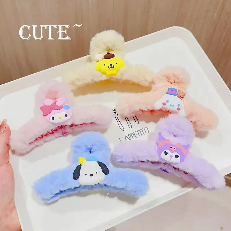 Sanrio Kuromi Mymelody Cinnamoroll Pochacco Pompom Purin Plush Hair Clip Cartoon New Shark Clip Hairpin Accessories Girl Gift