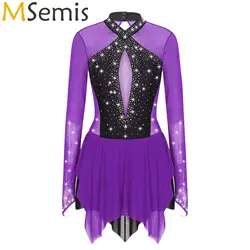 Womens Rhythmic Gymnastics Sheer Mesh Long Sleeve Ballet Lyrical Dance Dress Sparkling Rhinestones Artistic Skating Costume