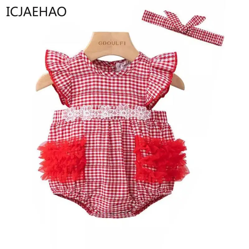 

ICJAEHAO Girls Plaid Bodysuit Summer Spanish Baby Clothes Birthday Party Jumpsuit Infant Lace Romper Toddler Bapti Clothes Girl