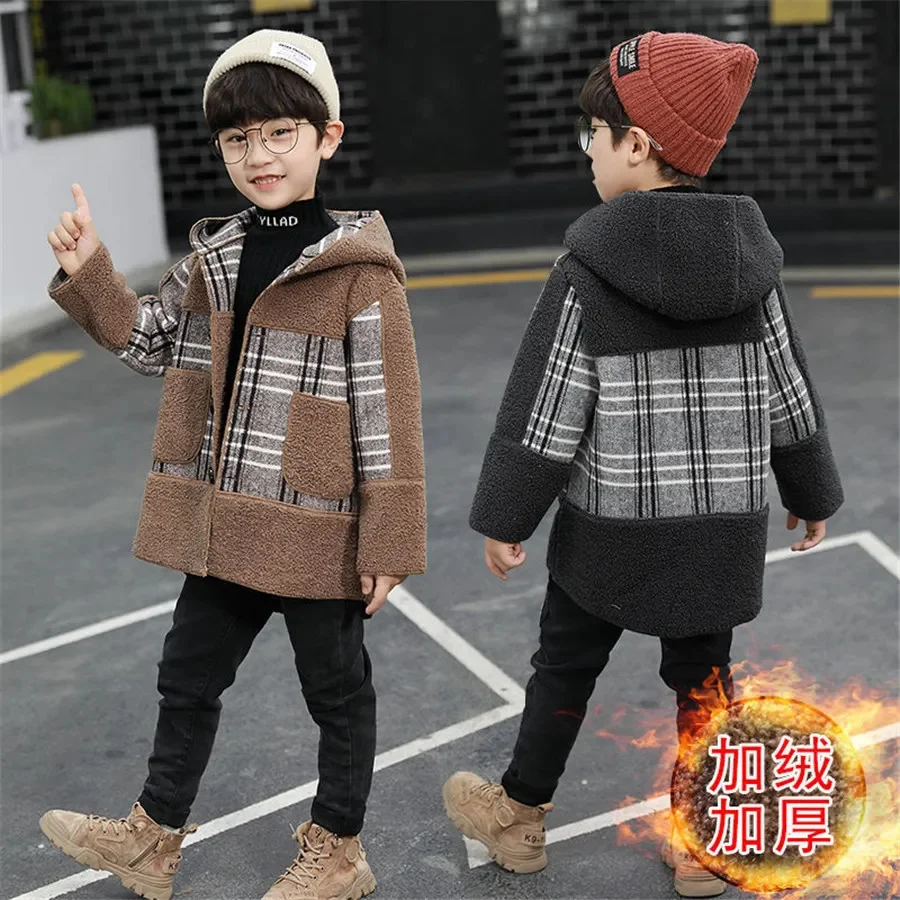 

2-13Yrs Autumn Winter Children Clothes Woollen Cloth Coat Boys Thicken Hooded Fashion Jacket For Windbreaker Kids Overcoat