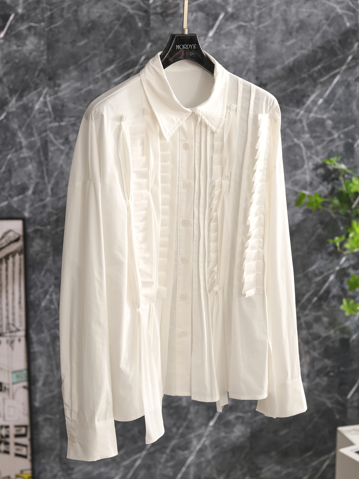 

Handmade Pleated Long Sleeve Shirt White New Chinese Style Lotus Leaf Cotton Original Design Straight Cut Women's S...