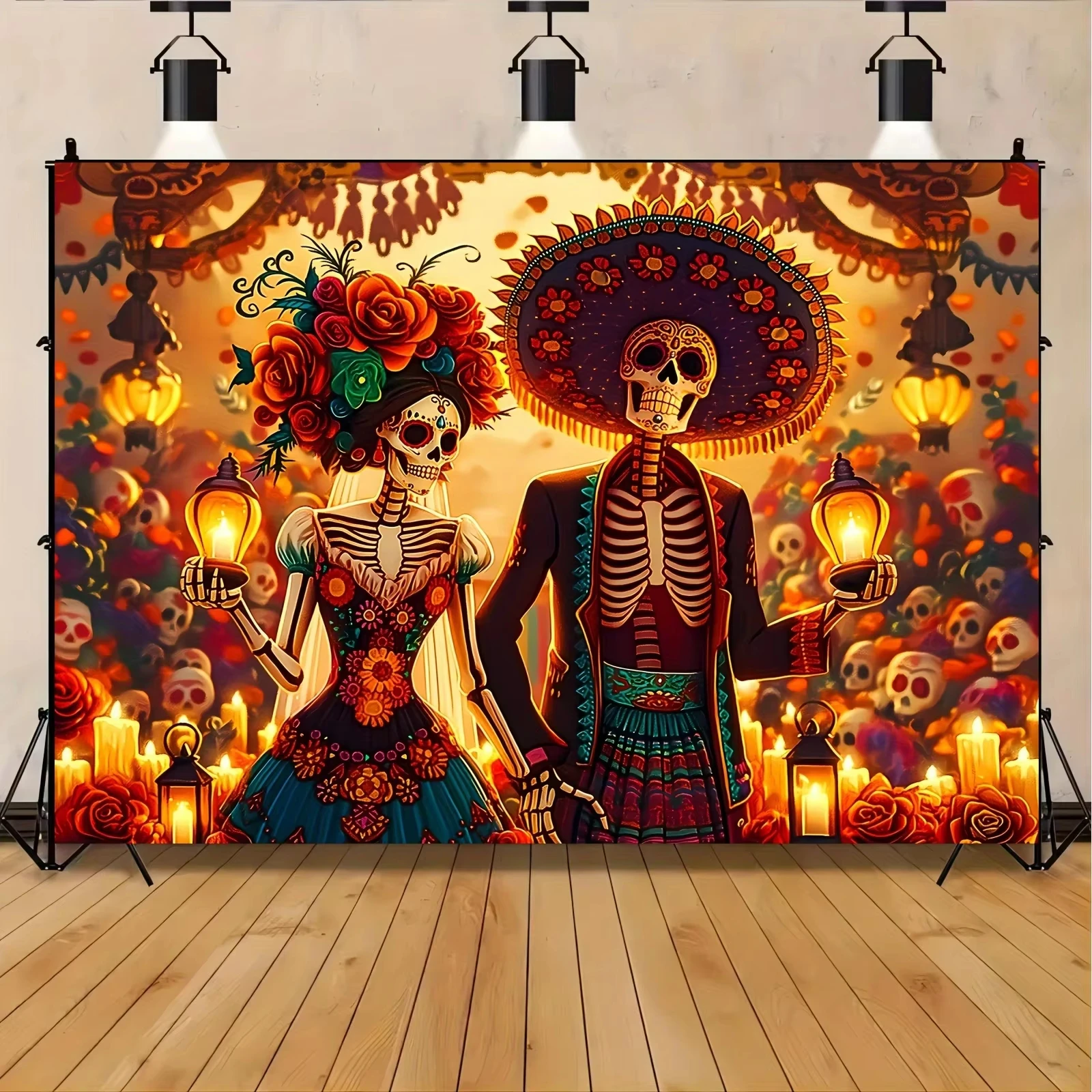 

Vibrant Day of the Dead Fiesta Tapestry - Sugar Skull Floral Design Colorful Polyester Backdrop Banner Room Home Decor