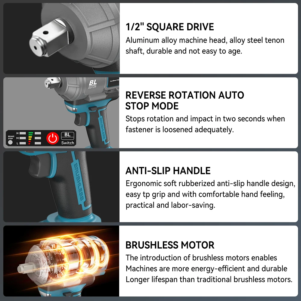 Бесщеточный электрический ключ 1/2 дюйма, 2000 Нм, аккумуляторный ударный гайковерт с настоящим крутящим моментом, отвертка, электроинструмент для Makita 18 В