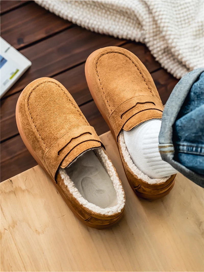 Men's Winter Fleece Lined Cotton Slippers Casual Driving Outdoor Wear Resistant Non Slip Full Cover Cotton Shoes Birkent