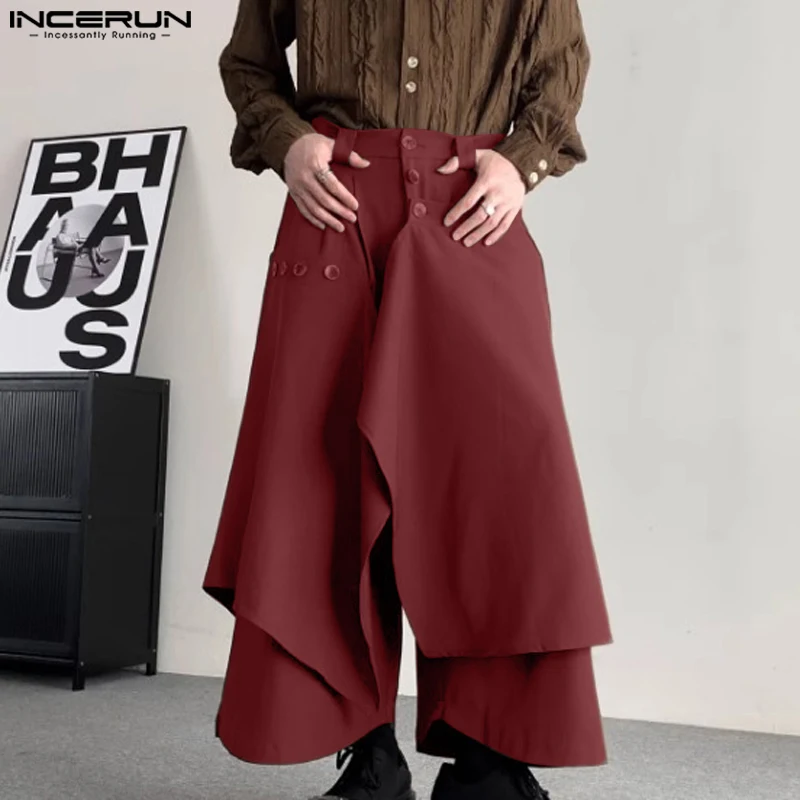 2024 Men Irregular Pants Solid Color Joggers Button Loose Wide Leg Trousers Men Streetwear Fashion Casual Pantalon S-5XL INCERUN