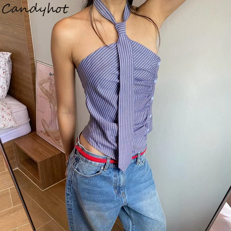 

Candyhot Sexy Y2K Irregular Tank Top Casual Aesthetic Backless Fashion Cropped Stripes Halter Camis Tank Tops Summer Women's Top
