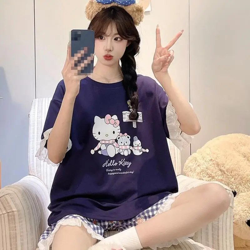 

Cartoon Student Short-Sleeved Shorts Pajama Set Summer New Women's Round Neck T-Shirt Pants Home Wear Girls Soft Two-Piece Set