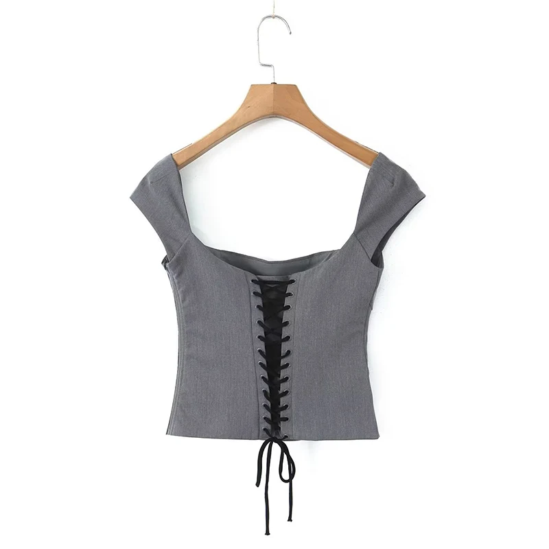 YENKYE Y2K Women Lace Up Bandage Back Gray Crop Top Short Sleeve Square Neck Ladies Sexy Chic Tops