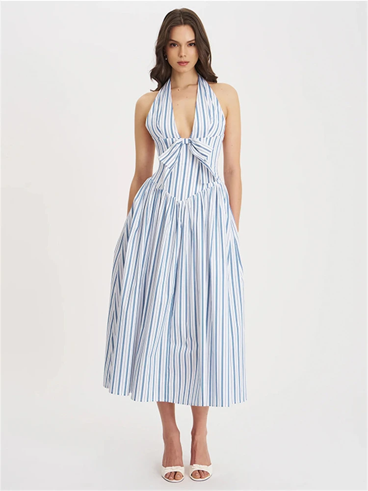 

Absobe Elegant Deep V-Neck Stripe Halter Strapless Maxi Dress Women's Backless Spliced Bow Sexy Slim Maxi Dress Summer Partywear
