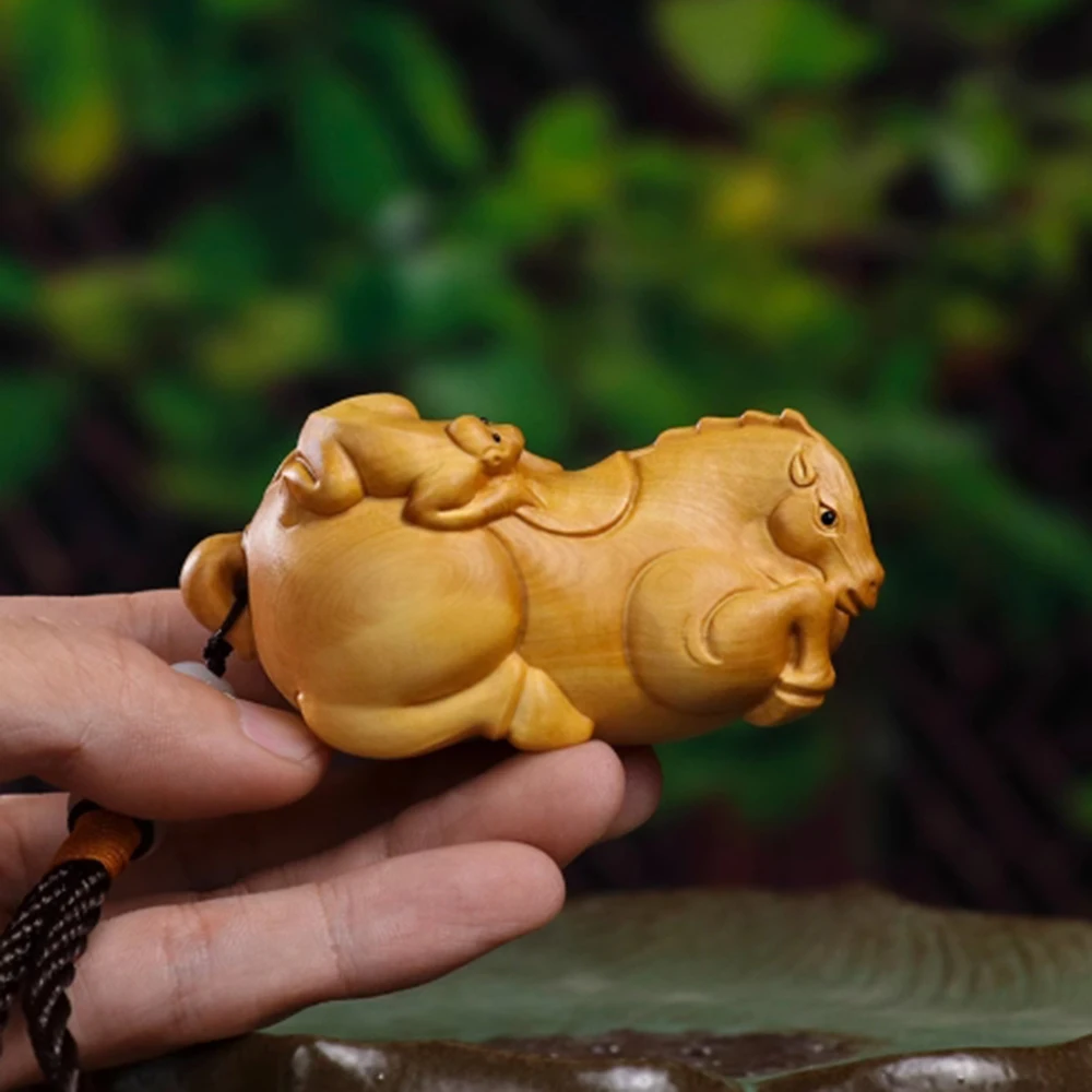 Y156, 3 INCH Japanese Boxwood Hand Carved Netsuke Sculpture Miniature : Monkey Taxi Horse