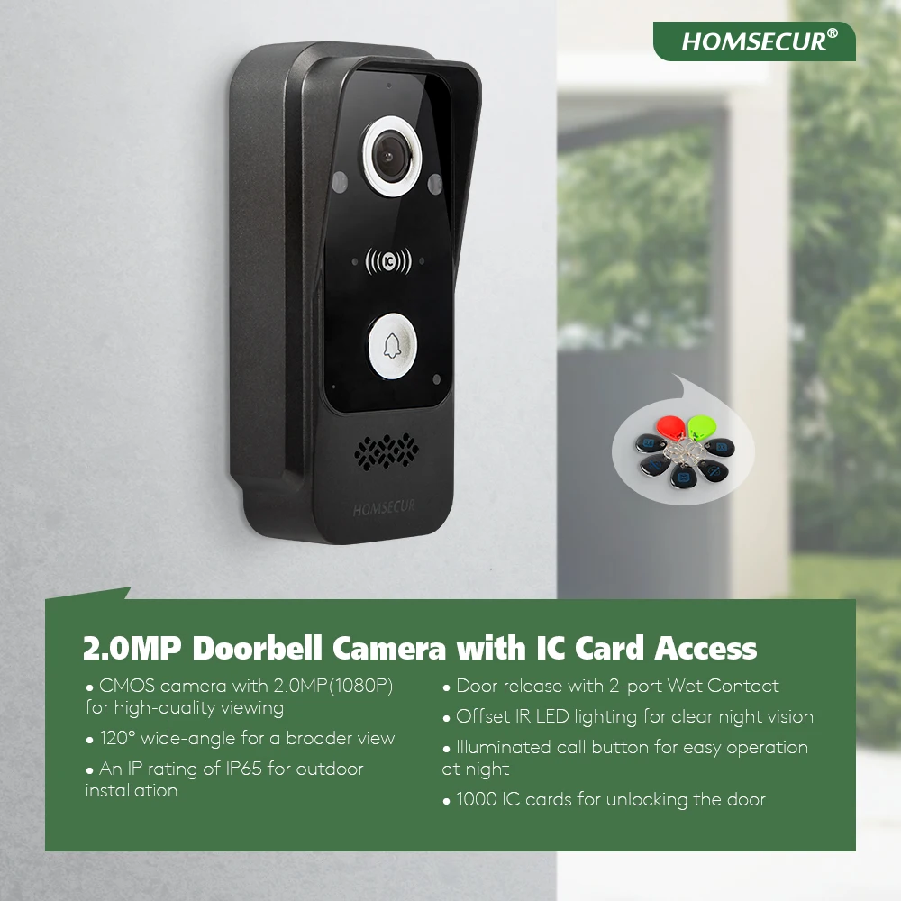 4 أسلاك IP65 HD كاميرا جرس الباب 13.56 ميجا هرتز الوصول إلى بطاقة IC 120 °   زاوية عرض لـ HOMSECUR 1080P Tuya WIFI جرس باب يتضمن شاشة عرض فيديو إنترفون